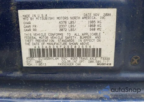 2009 Mitsubishi Galant Es/Sport Edition из США, поврежденный, VIN 4A3AB36F29E036541